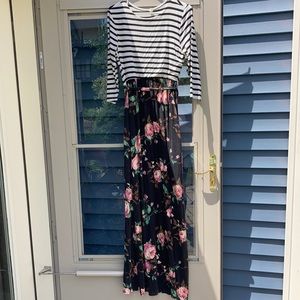 Maternity floral/black and white striped soft maxi dress